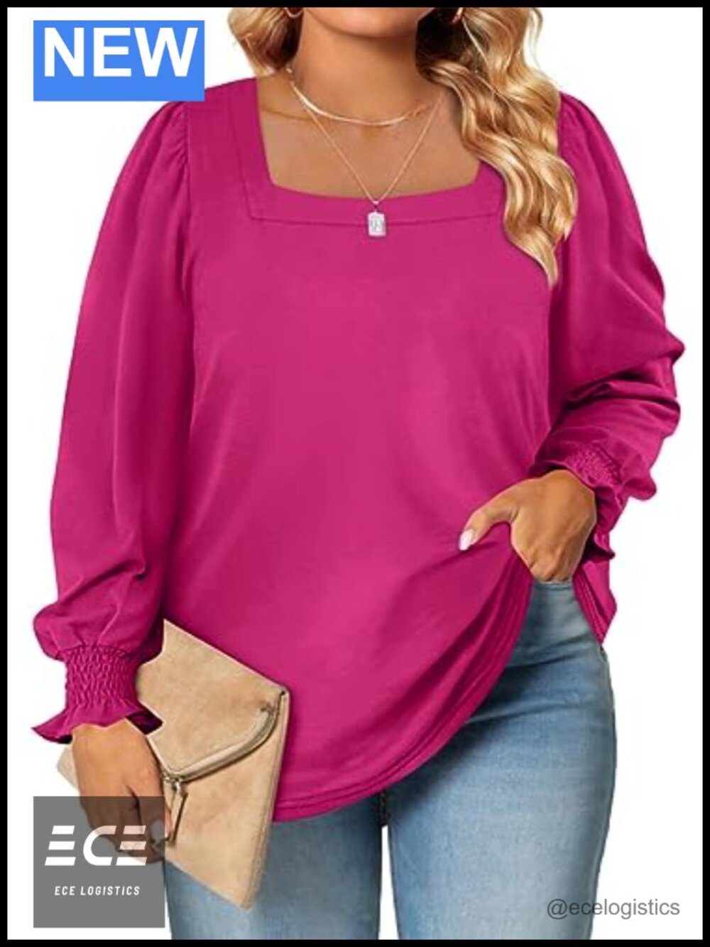 Plus Size Puff Long Sleeve Square Neck Casual Loose Top Tunic